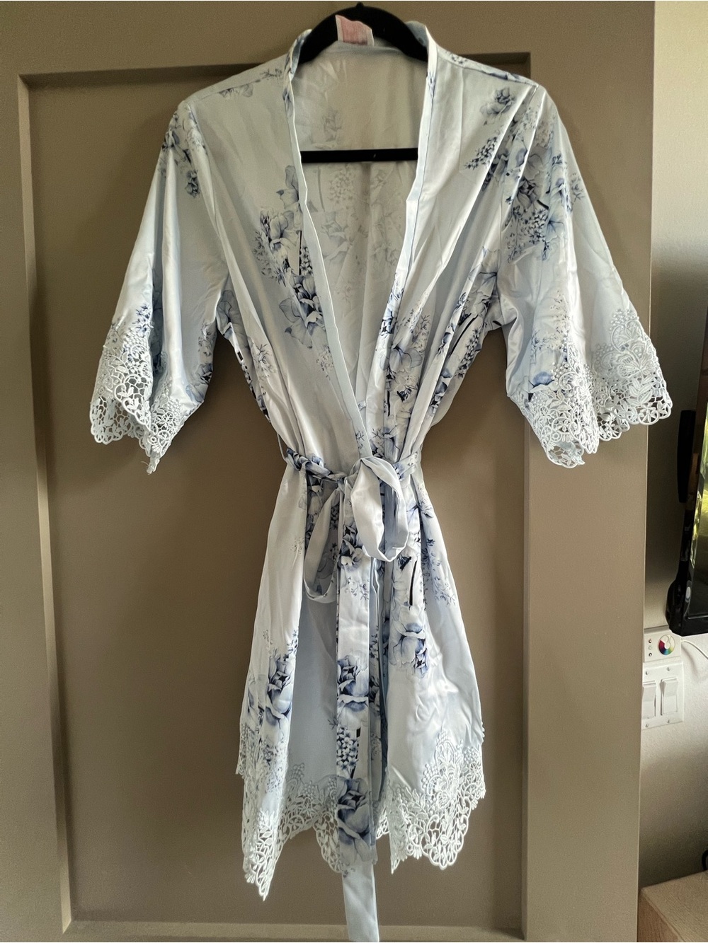 Light Blue Floral Lace-Trim Wrap Robe with Belt